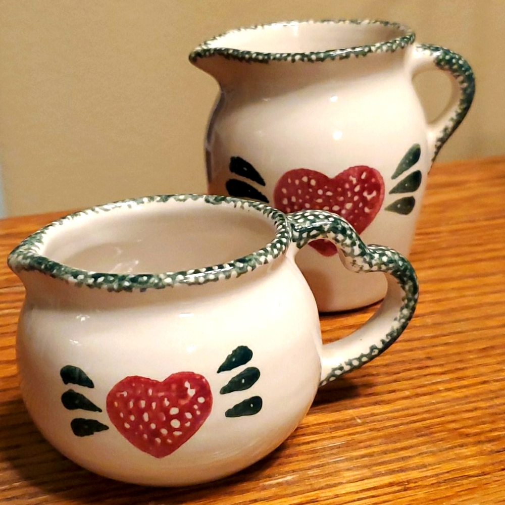 Off White Ceramic Creamer and Sugar Set with Red Heart Motif
